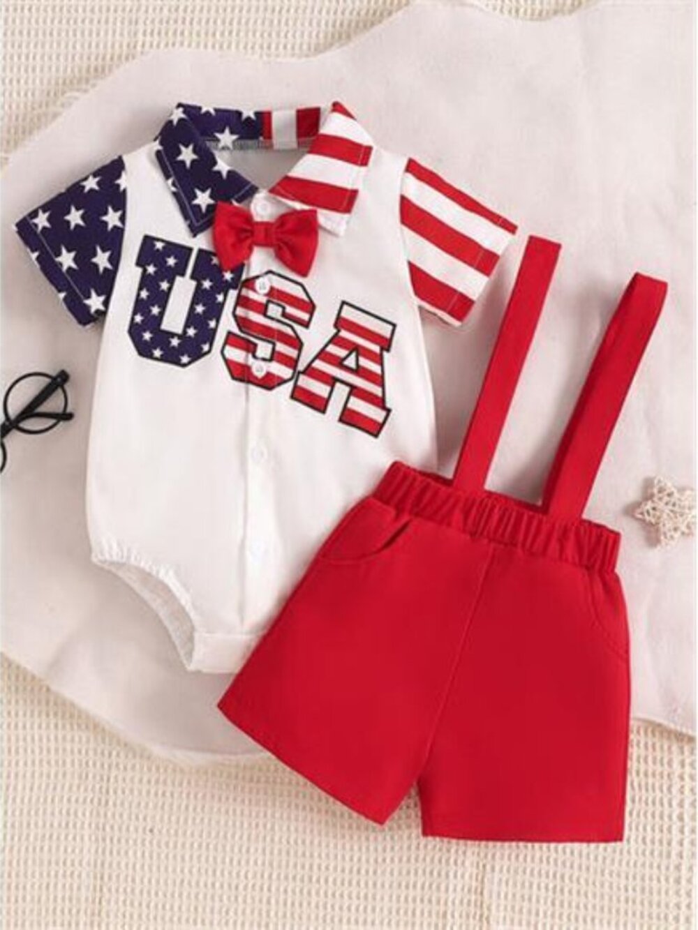Children's Patriotic USA Print Bodysuit and Overalls Outfit Set
